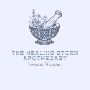 light blue label stating The Healing Storm Apothecary Sweater Weather